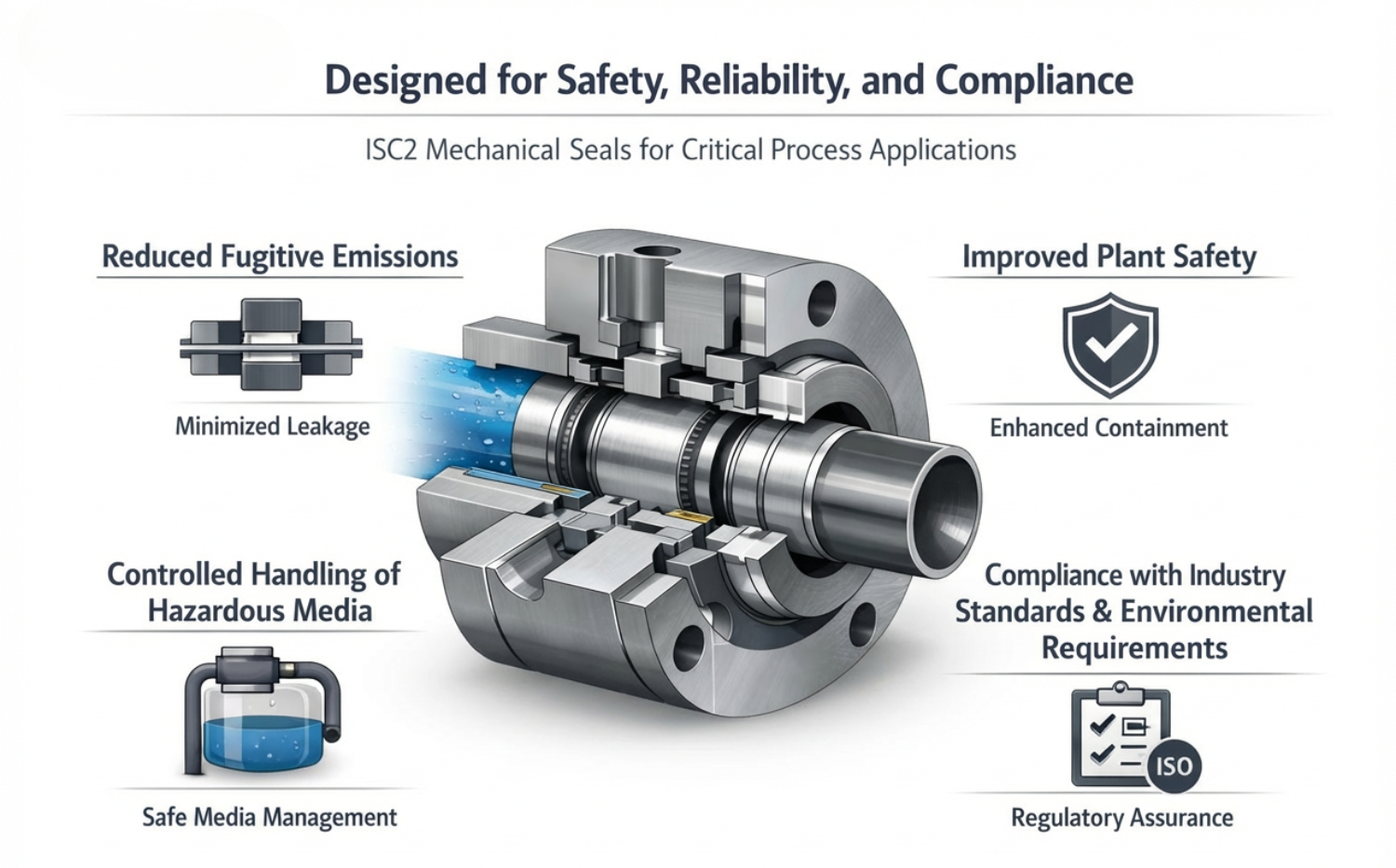 Infographic showing Flowserve ISC2 mechanical seals highlighting reduced fugitive emissions, improved plant safety, controlled handling of hazardous process fluids, and compliance with industry and environmental standards in industrial applications.