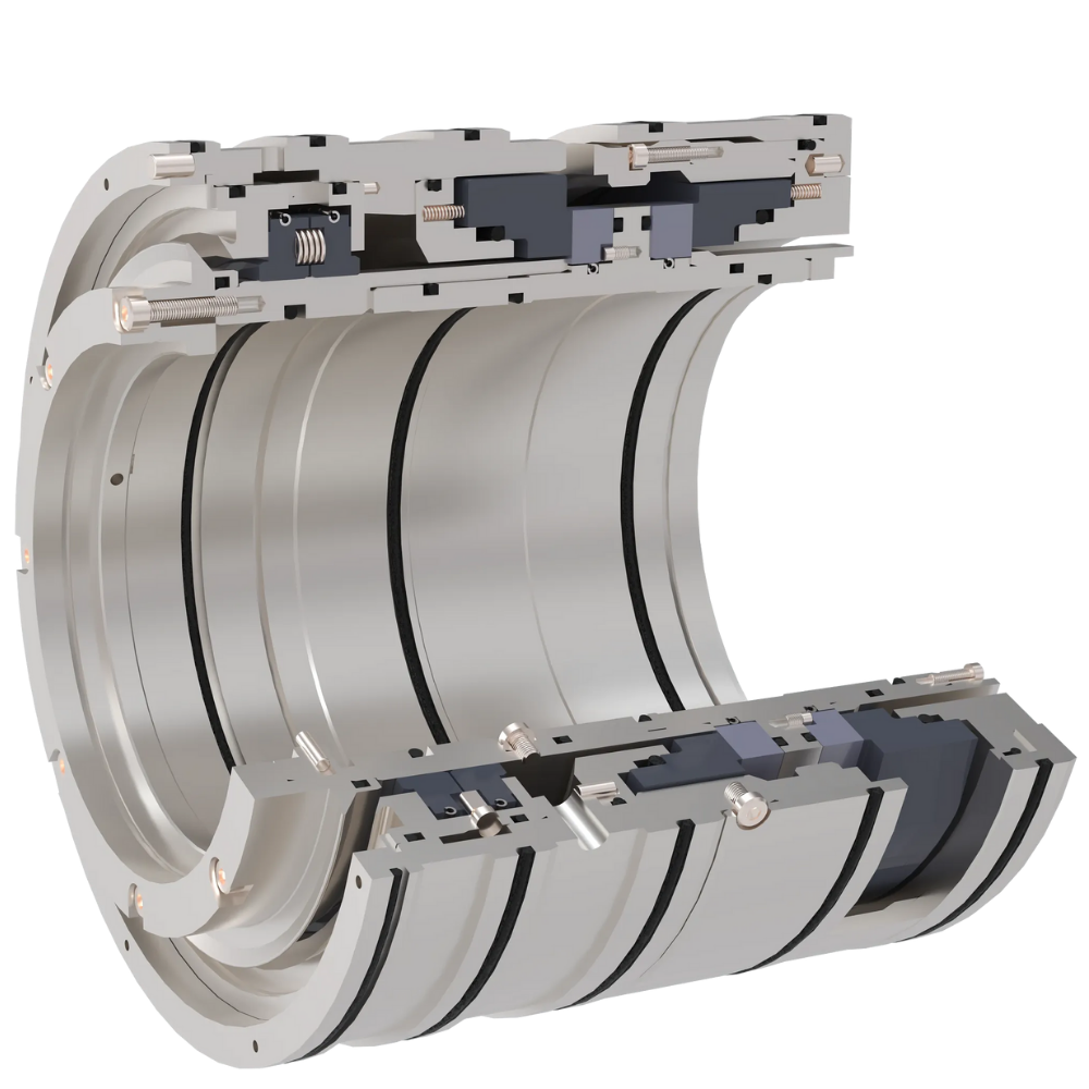 Flowserve Aquapac water-lubricated compressor seal shown in cross-section, illustrating non-contacting seal faces, internal water lubrication channels, and modular cartridge construction for oil-free turbomachinery sealing.