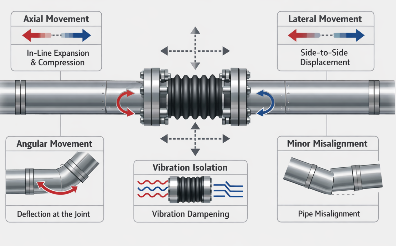 Infographic showing how rubber bellow compensators absorb axial, lateral and angular movement, thermal expansion, vibration and pipe misalignment in industrial pipe systems