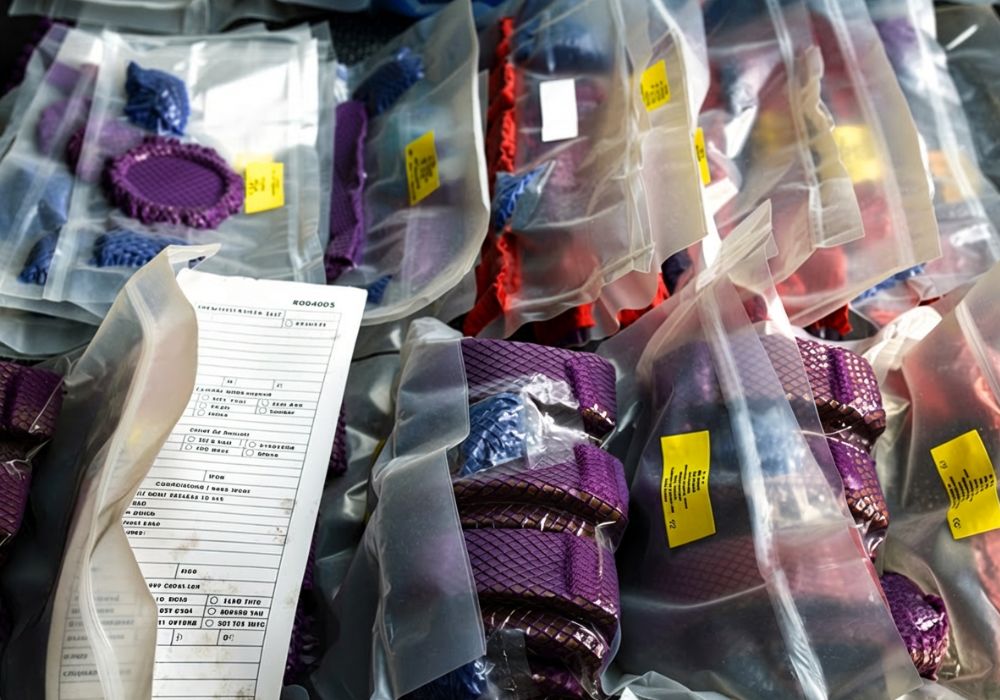 Batch-Packed Critical Mechanical Spares in Controlled Storage Multiple vacuum-sealed mechanical spares packed in labeled protective sleeves, arranged for inventory management, traceability, and long-term equipment reliability.