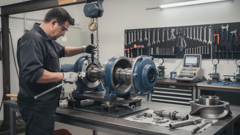 Horizontal centrifugal pump installation showing mechanical seal housing, motor drive, and stainless steel process piping in an industrial environment