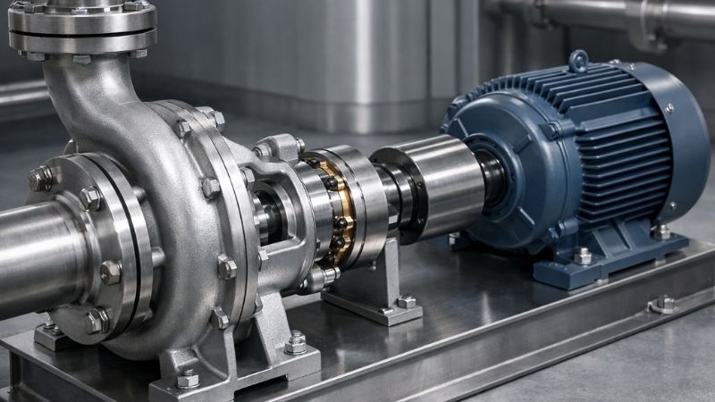 Horizontal centrifugal pump installation showing mechanical seal housing, motor drive, and stainless steel process piping in an industrial environment