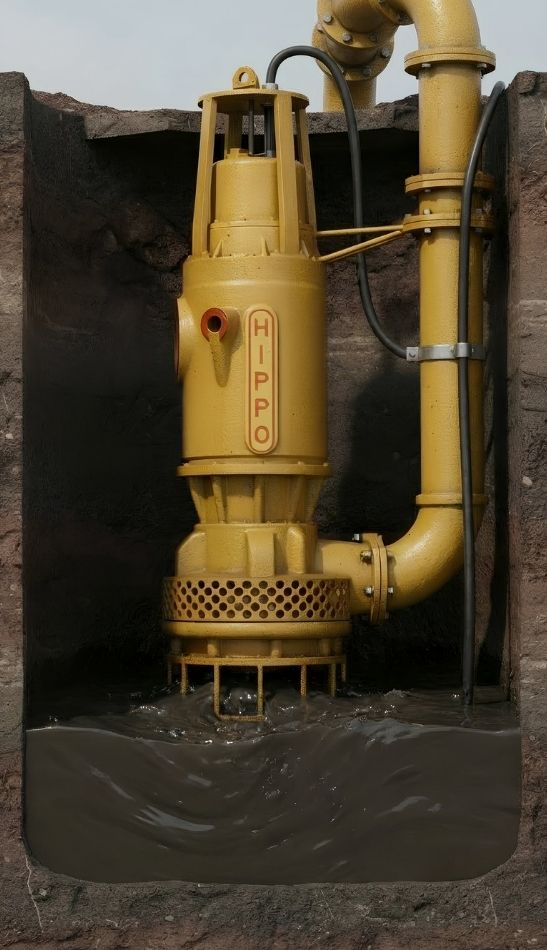 Hazleton HIPPO heavy-duty submersible slurry pump operating in a mining sump, drawing abrasive, solids-laden slurry through a reinforced intake strainer and discharging via a vertical pipe.