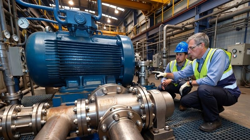 Horizontal centrifugal pump installation showing mechanical seal housing, motor drive, and stainless steel process piping in an industrial environment