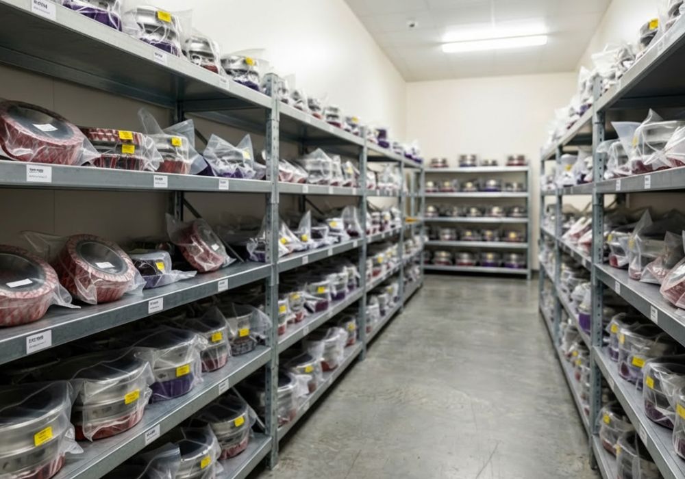 Organised Mechanical Seal and Pump Spares Inventory Rows of industrial shelving stocked with vacuum-sealed mechanical seal components and precision-machined parts, stored in a clean, temperature-controlled environment.