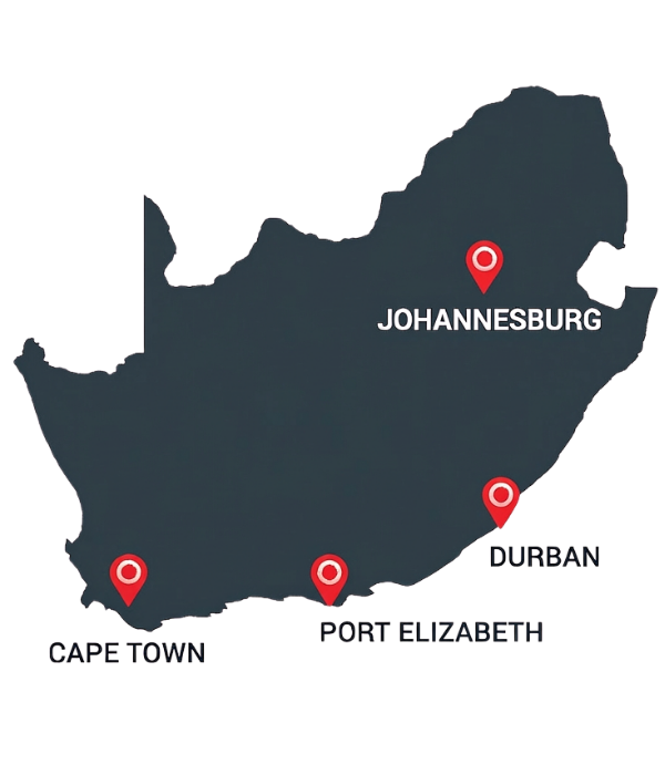 Stylised map of South Africa showing PCS service locations in Johannesburg, Durban, Port Elizabeth, and Cape Town.
