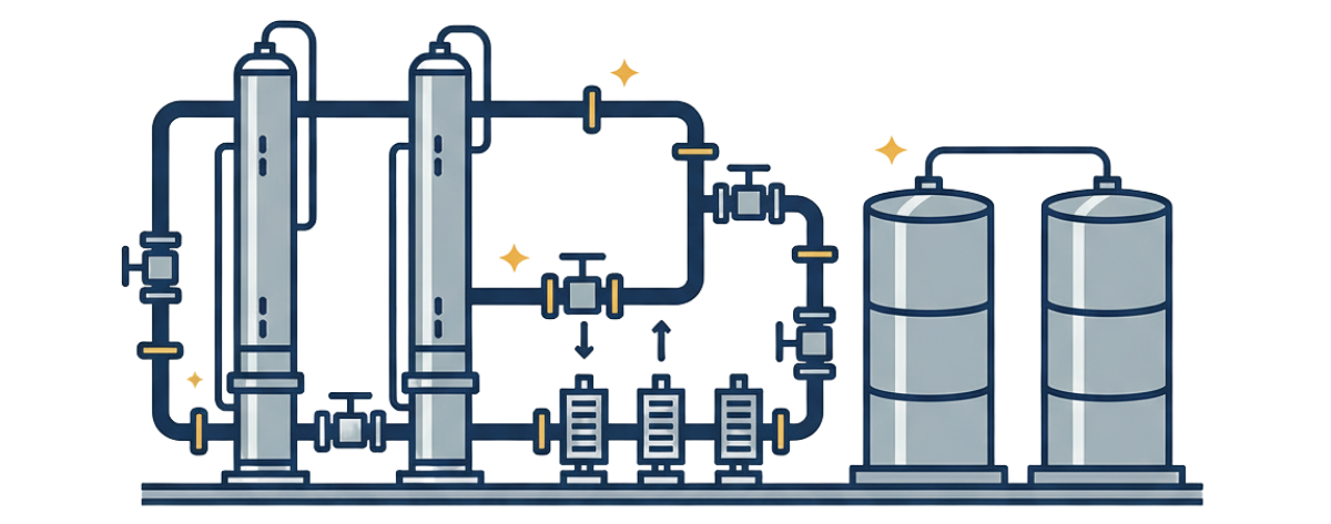 Petrochemical and Chemical Processing Systems Petrochemical and chemical processing icon illustrating process vessels, valves, and piping for controlled fluid transfer and containment