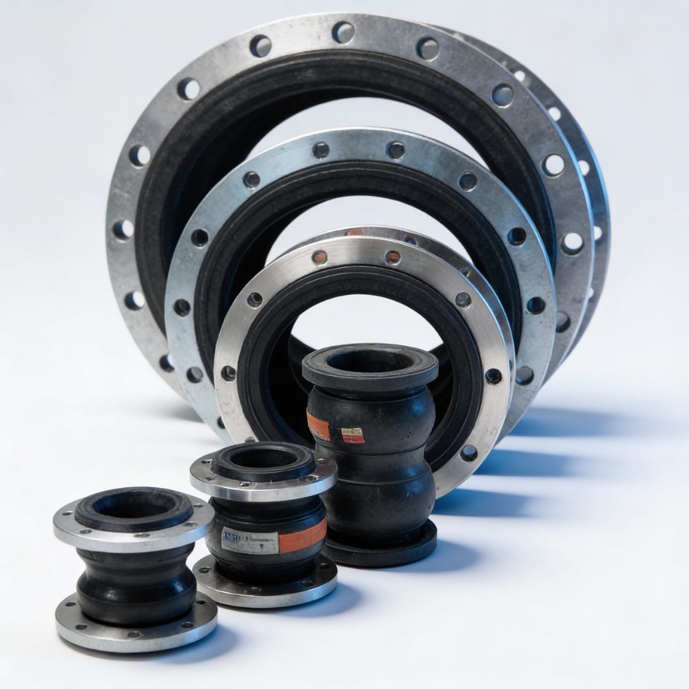 Range of industrial rubber bellow compensators with steel flanges, displayed in graduated sizes from small to large, illustrating dimensional variation and suitability for different pipeline diameters and operating conditions.
