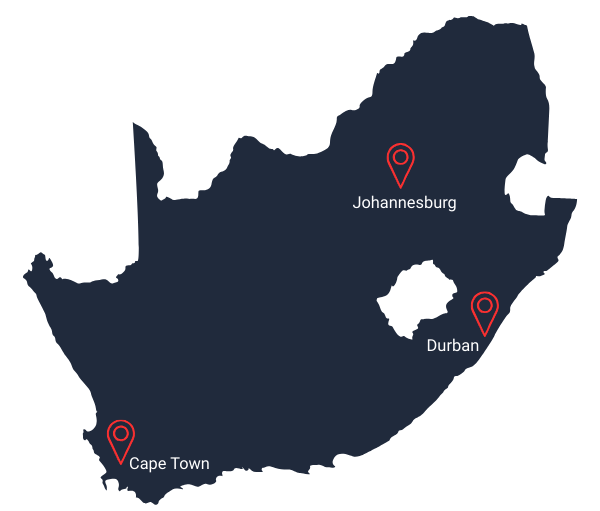Map of South Africa showing PCS service coverage with location pins in Johannesburg, Durban and Cape Town.