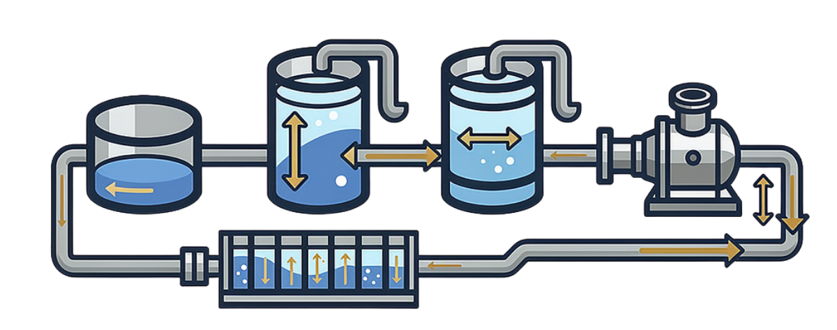 Water and Wastewater Treatment Systems Water and wastewater treatment icon representing pumps, filtration tanks, and piping for industrial and municipal flow control systems