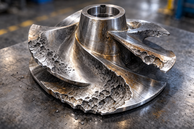 Close-up of a centrifugal pump impeller showing severe cavitation damage with pitting and erosion on vane leading edges