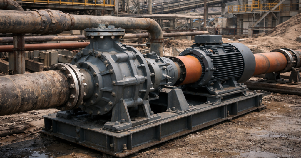 Heavy-duty custom engineered slurry pump installed on a reinforced baseplate in a mining processing plant, featuring flanged suction and discharge piping and industrial electric motor drive.