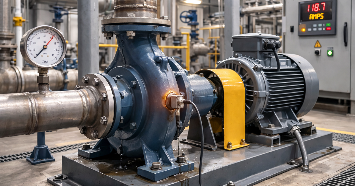 Industrial centrifugal pump showing early failure indicators including elevated amperage, minor seal leakage and bearing vibration sensor in a processing plant. (Descriptive, keyword-aligned, under optimal length for accessibility and SEO.)