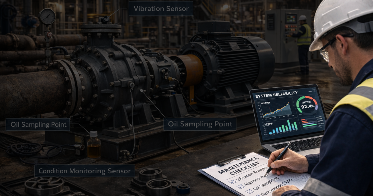 Maintenance engineer conducting after-sales reliability inspection on a horizontal centrifugal pump in an industrial plant, including vibration sensor monitoring and oil sampling for preventive maintenance.