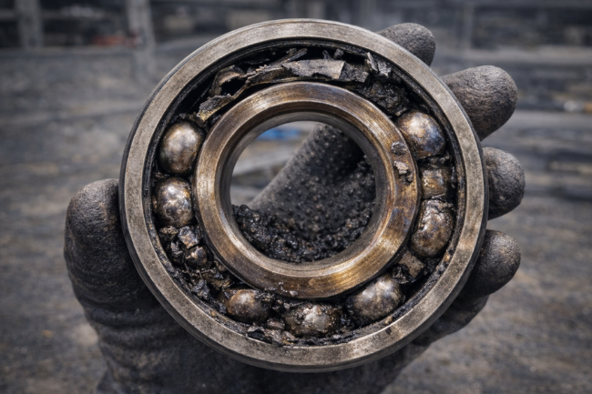 Close-up of a failed industrial pump ball bearing showing cage fracture, lubrication contamination, and raceway wear in a maintenance workshop environment