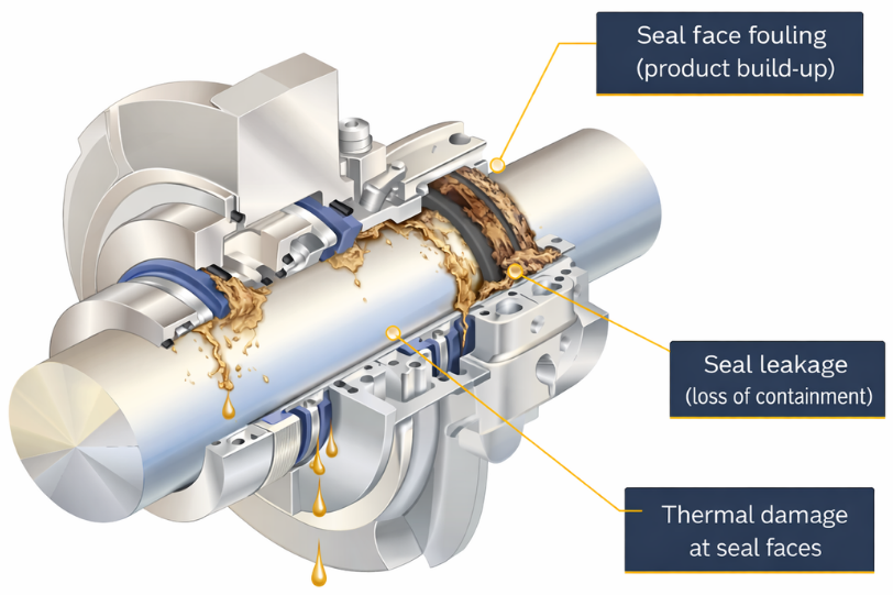 Cross-section of a failed mechanical seal showing seal face fouling, leakage loss of containment and thermal damage in an industrial pump system