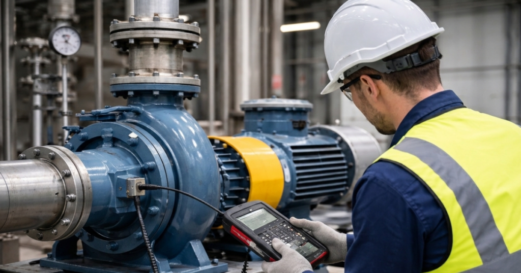 A maintenance technician in PPE using a handheld vibration analyzer to check the bearing housing of a blue centrifugal pump. The image shows correct sensor placement on the horizontal centerline of the bearing, a secure yellow coupling guard, and a properly bolted suction flange in an industrial plant setting.