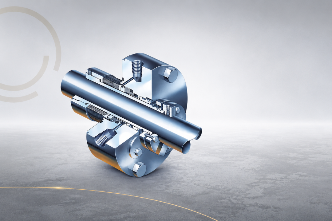 Cutaway illustration of a Flowserve BRC metal bellows mechanical seal showing the shaft, bellows assembly and internal sealing components for severe petrochemical pump service.