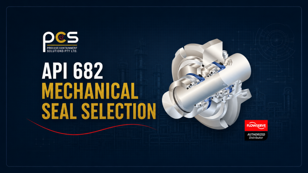 API 682 mechanical seal selection graphic showing a Flowserve mechanical seal concept with PCS and Flowserve authorised distributor branding.