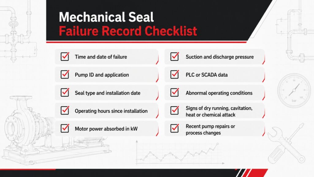 Checklist showing key information maintenance teams should record when a mechanical seal fails, including failure time, pump data, SCADA data and operating conditions.