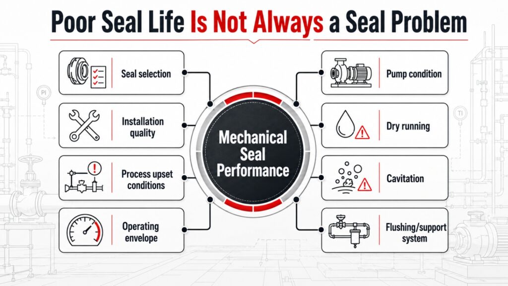 Diagram showing mechanical seal performance influenced by seal selection, pump condition, dry running, cavitation, flushing, process upsets, installation quality and operating envelope.