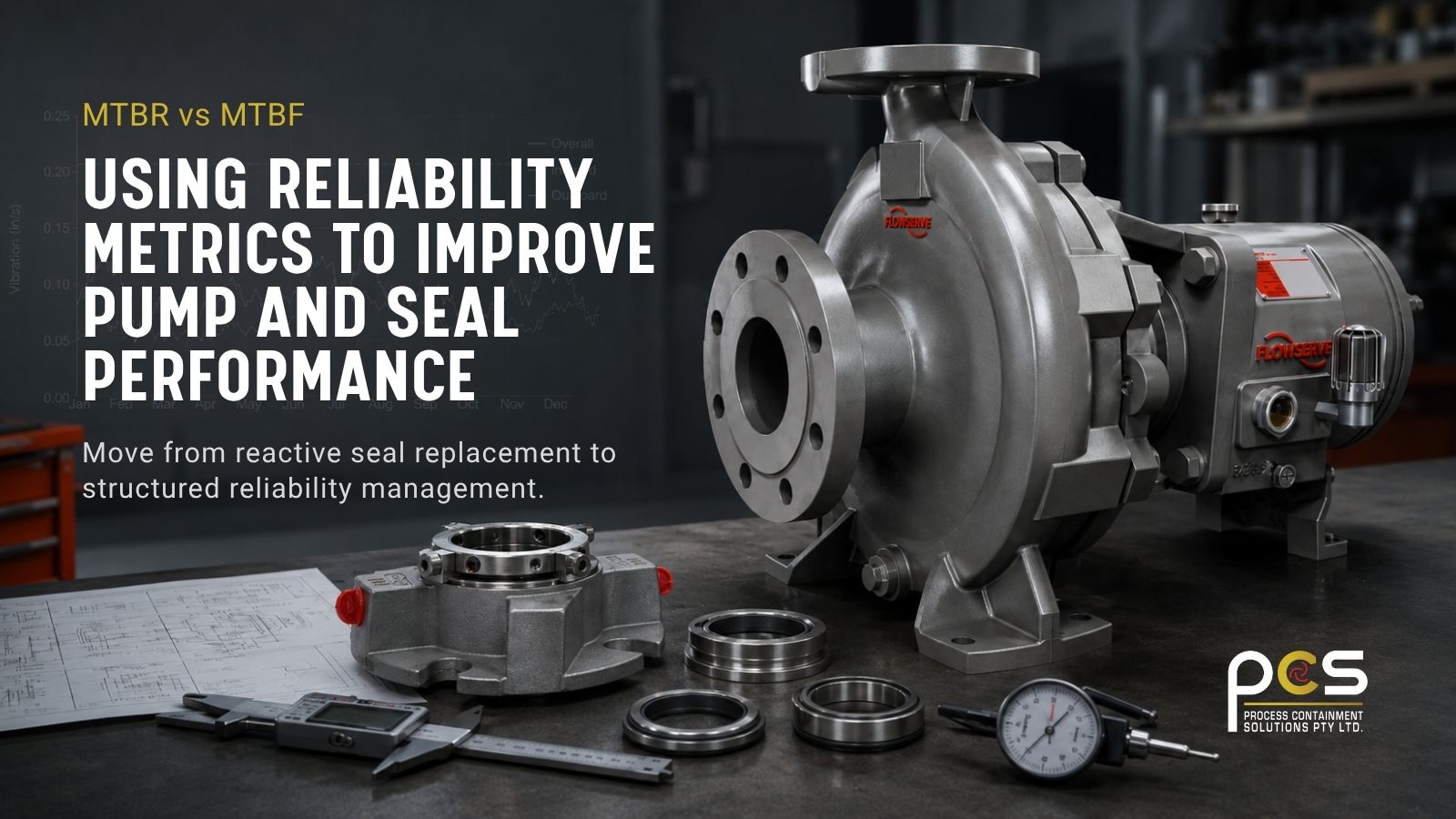 Industrial pump with mechanical seal components and reliability trend overlay, illustrating pump and seal performance monitoring.