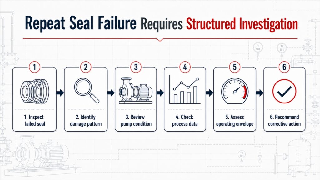 Six-step mechanical seal failure investigation process showing inspection, damage review, pump condition, process data, operating envelope and corrective action.