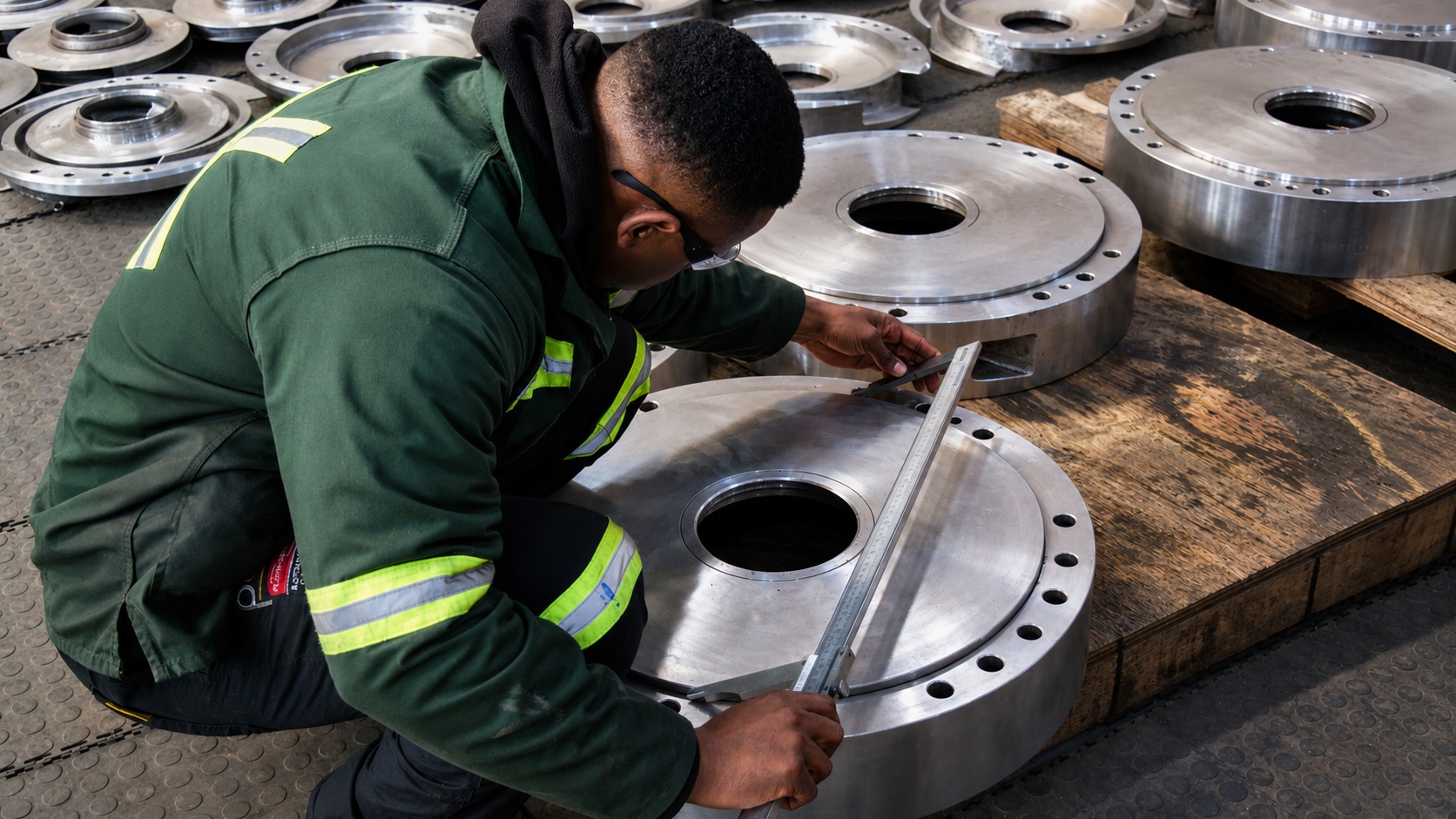 PCS technician completing dimensional checks during an industrial pump repair assessment in South Africa