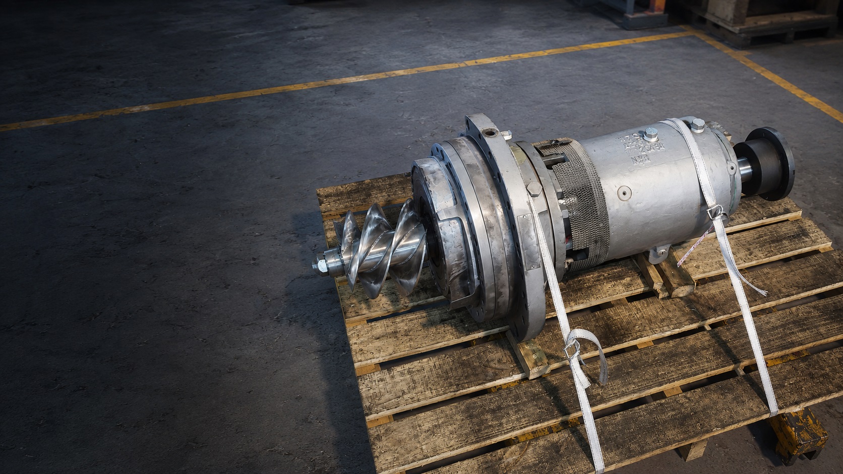 Industrial pump assembly secured on a timber pallet in a workshop