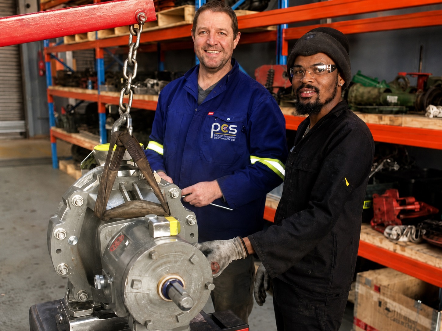 PCS technicians beside an industrial pump suspended by a chain hoist in a South African workshop