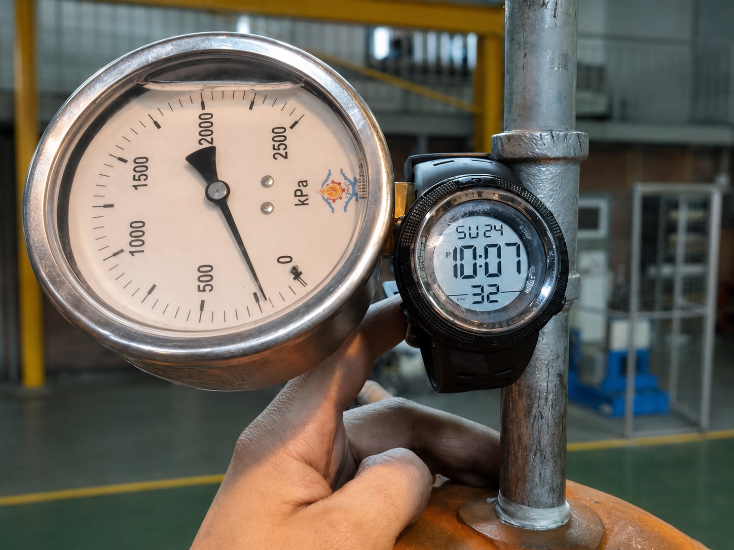 Analogue pressure gauge and digital watch used to monitor pressure over time during industrial equipment testing.