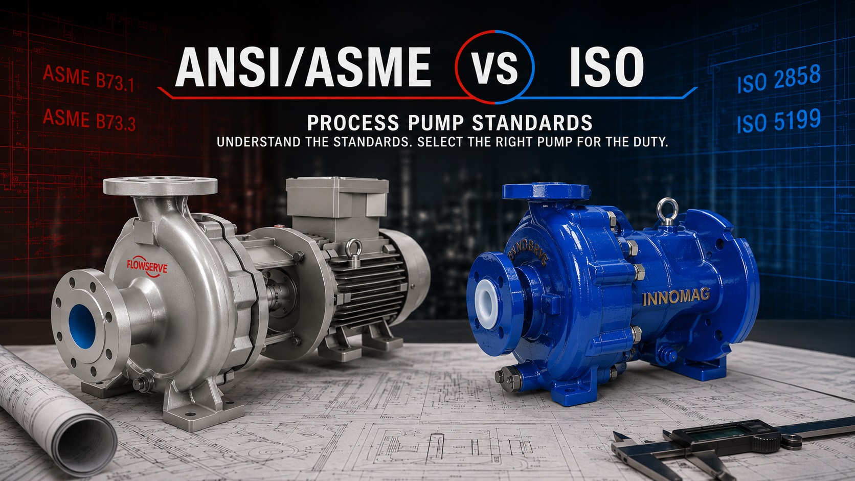 Feature graphic comparing ANSI/ASME and ISO process pump standards with Flowserve Durco Mark 3 ISO and INNOMAG pump imagery for PCS.