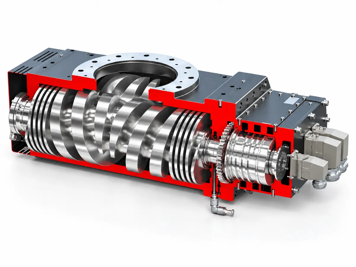 Flowserve SIHI Boost UltraPLUS vacuum booster cutaway showing internal screw elements
