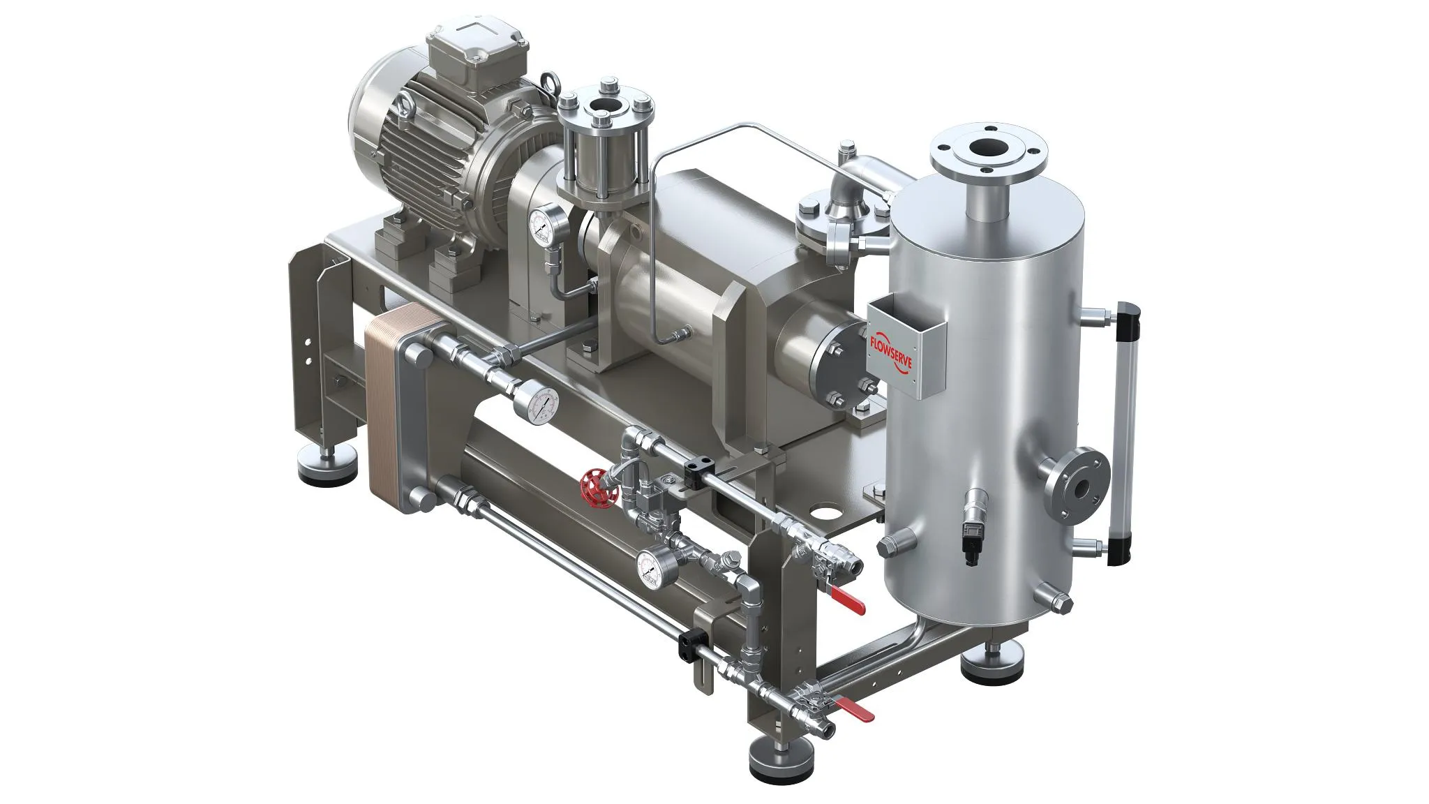 Flowserve SIHI industrial vacuum system with pump, electric motor, service vessel and pipework on a base frame