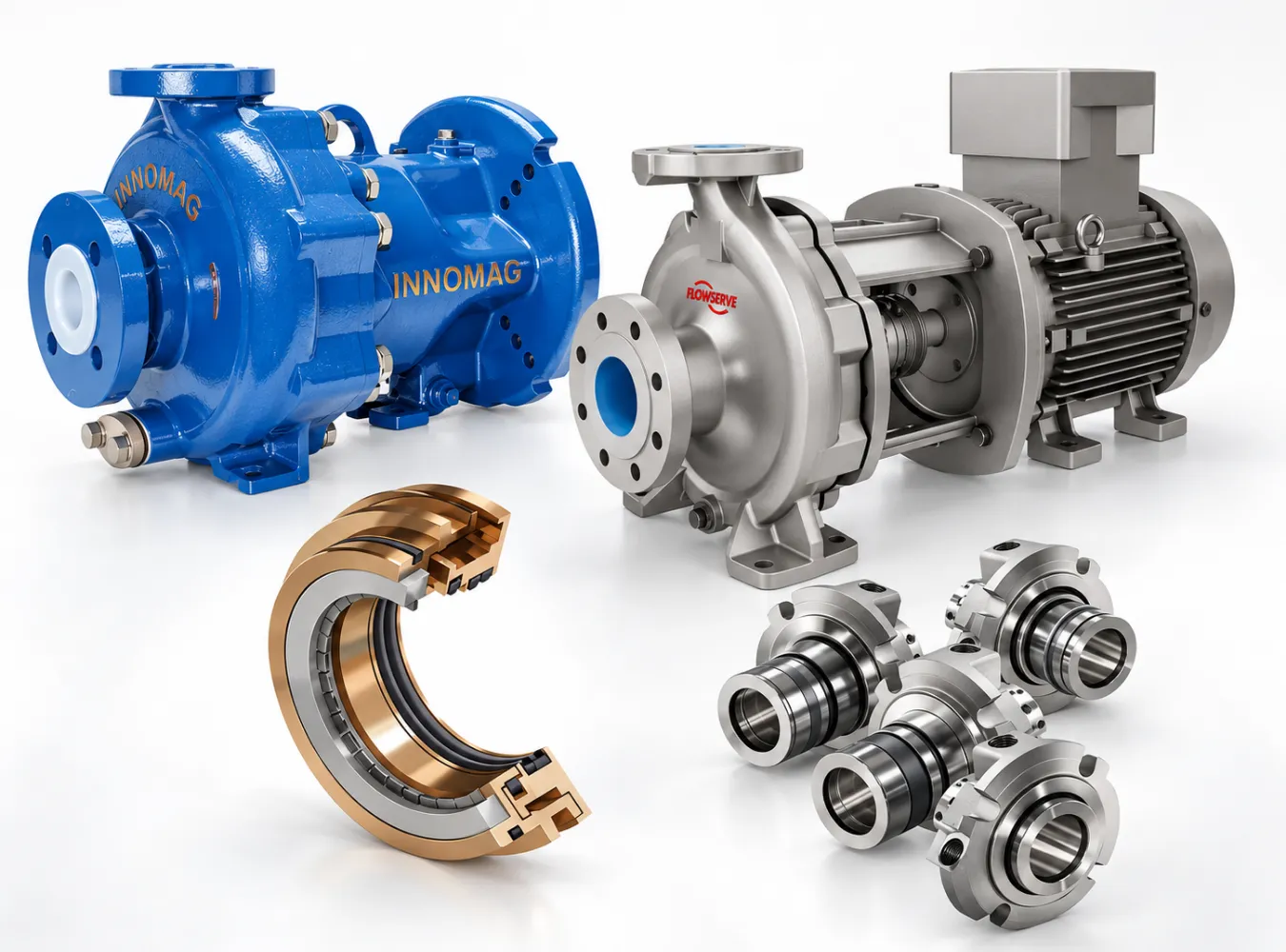 Selected Flowserve products supported by PCS, including INNOMAG and Durco pumps, mechanical seals and bearing protection components.