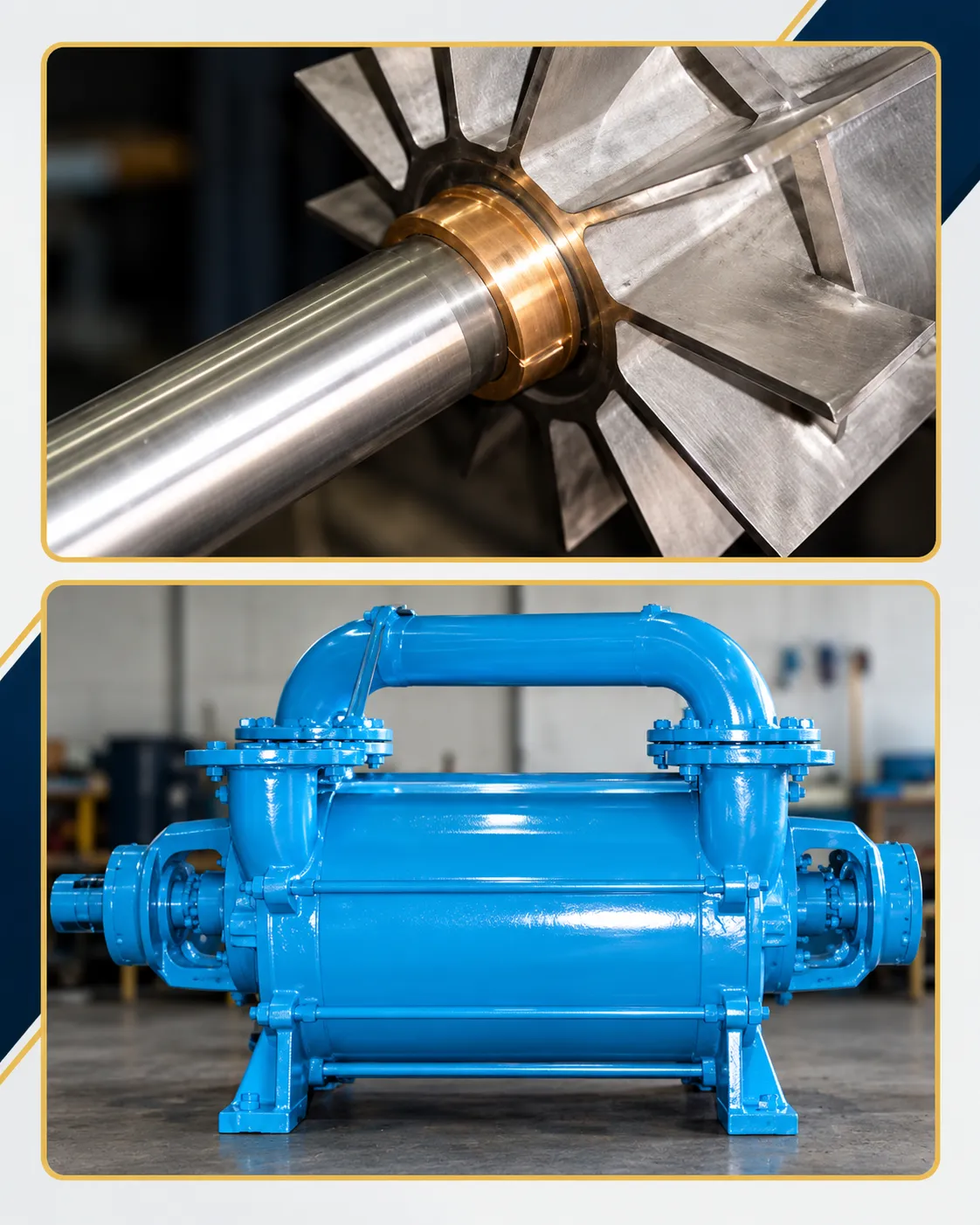 Illustrative composite showing a metal rotor and shaft assembly above a blue horizontal industrial pump.