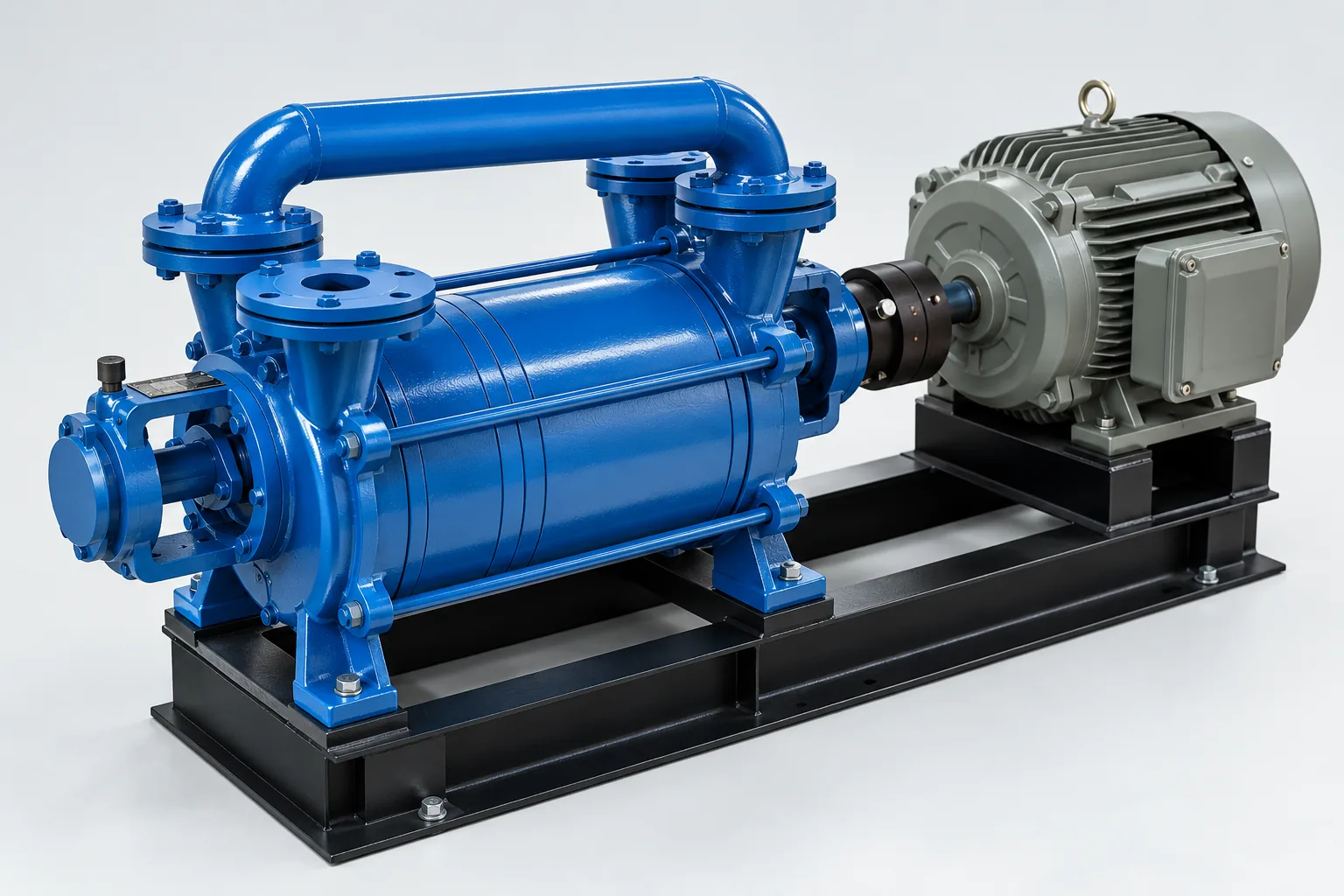 Industrial liquid ring vacuum pump with electric motor, connecting pipework and skid-mounted base assembly.