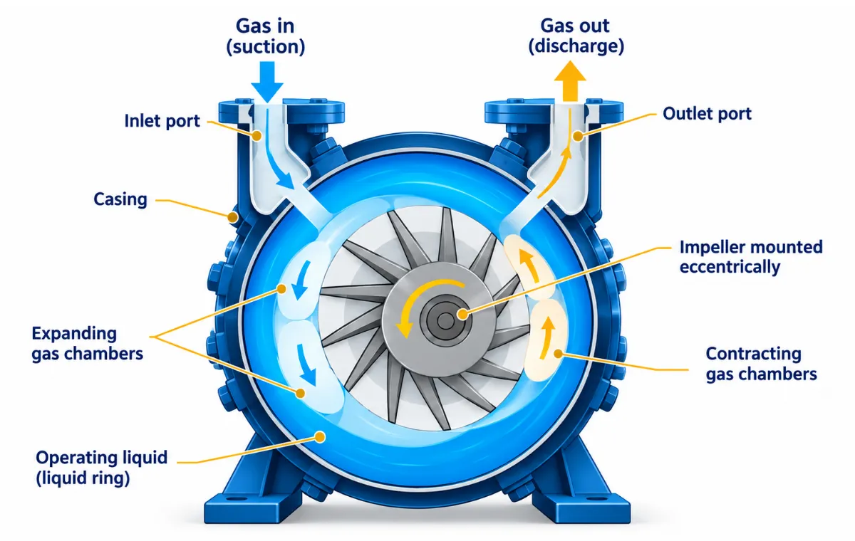 Liquid ring vacuum pump diagram showing an eccentrically mounted impeller, operating liquid ring, suction, discharge and changing gas chamber volumes.