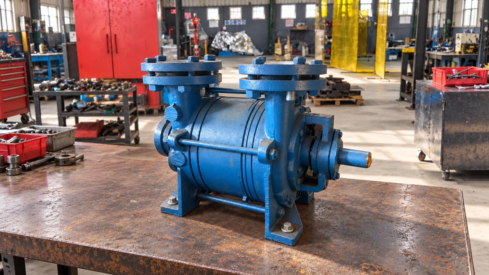Illustrative image of a blue liquid ring vacuum pump positioned on a steel workbench in an industrial workshop.