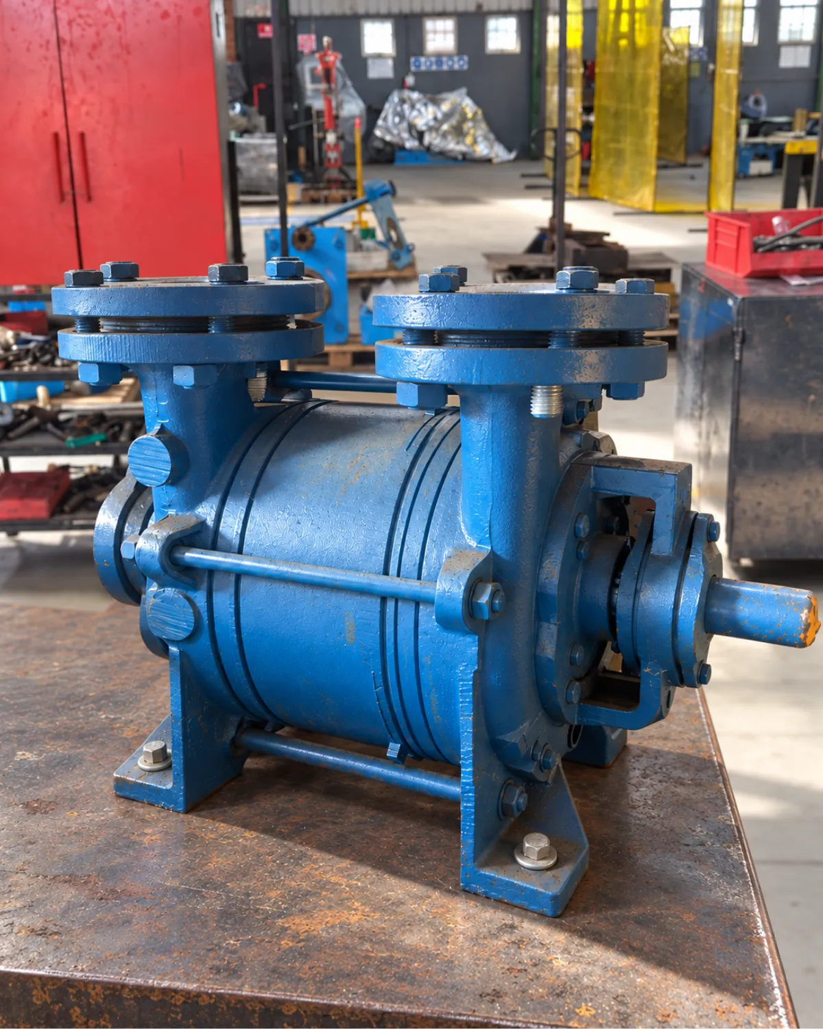 Industrial pump casing and components on a workshop bench during repair assessment