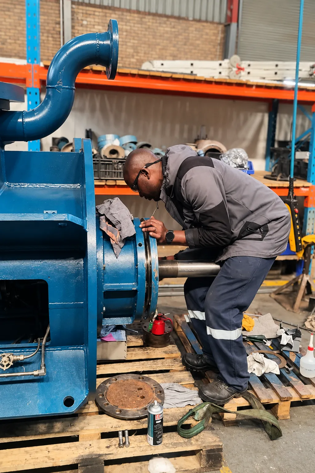 PCS technician inspecting an industrial pump during repair assessment in the workshop.