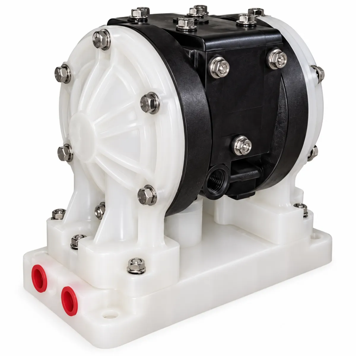 Compact Titan air-operated diaphragm pump with white end housing and black central body
