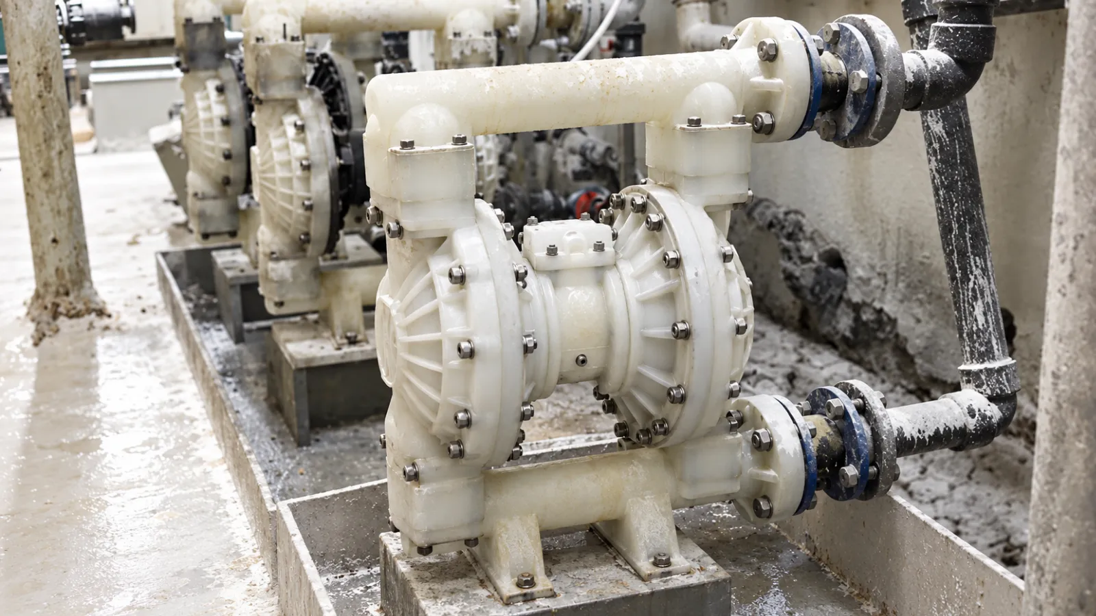 Illustrative white air-operated double diaphragm pump connected to industrial process pipework