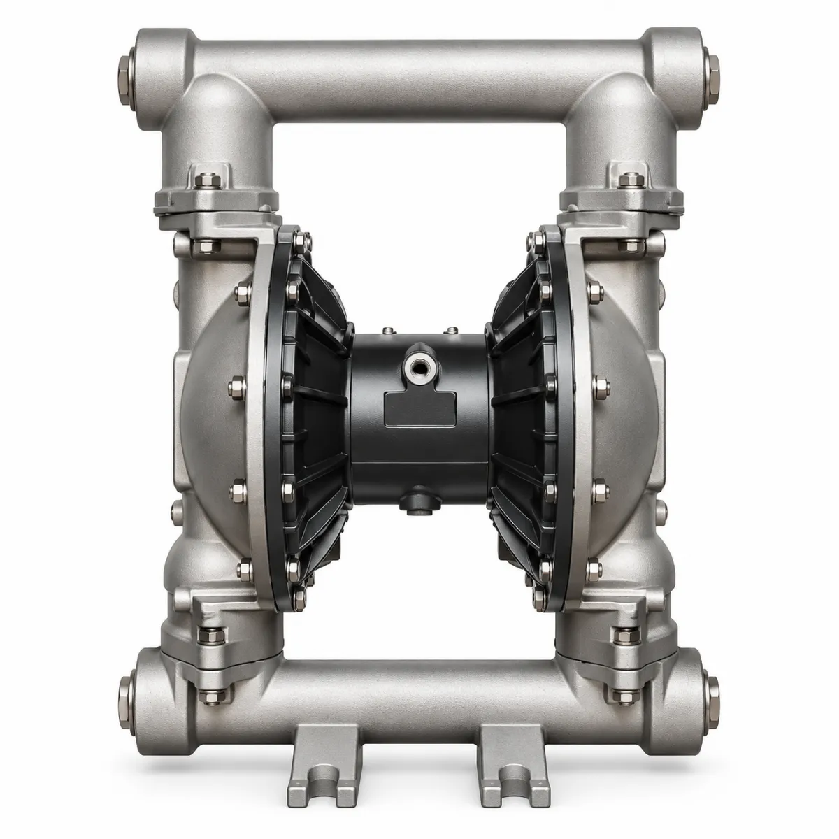Front view of a metallic Titan air-operated double diaphragm pump