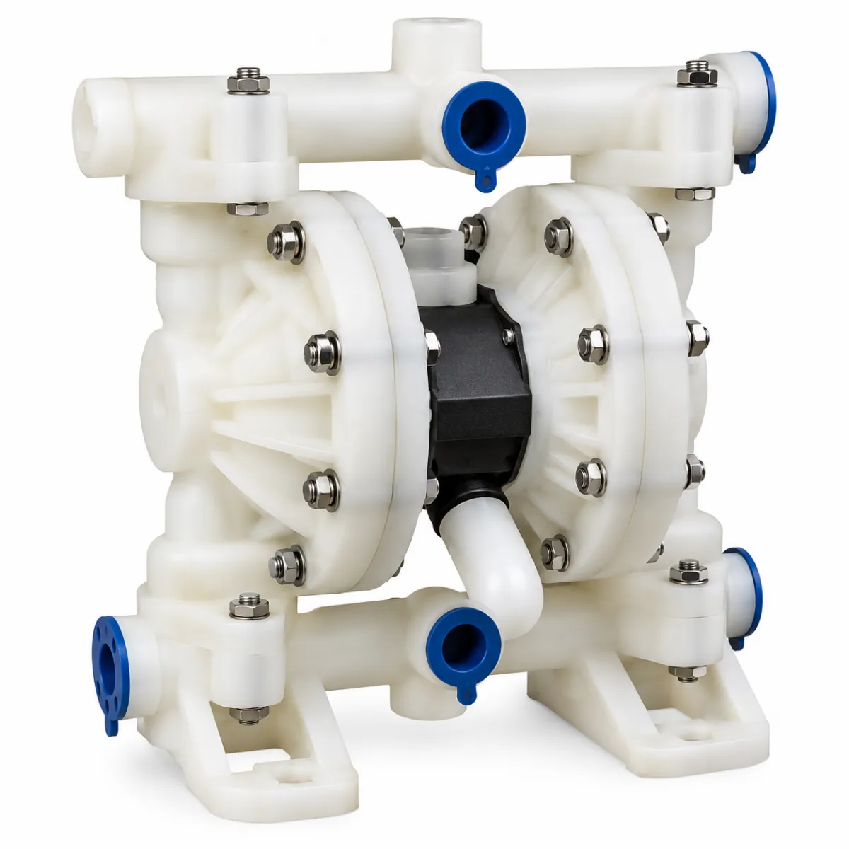 Representative white Titan air-operated diaphragm pump with blue connection covers